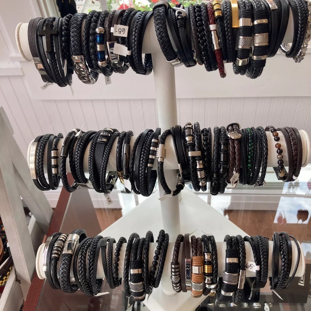 Metal Woven Leather Rope Wrap Men Stainless Steel Bracelet